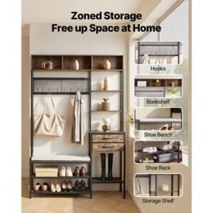 hall tree, 70.9 in coat rack with shoe bench & 2 drawers, 3 in 1 freestanding shoe rack storage organizer with bookshelf & wire shelf, steel frame entrance coat holder for entry, bedroom, closet