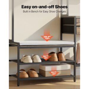 hall tree, 70.9 in coat rack with shoe bench & 2 drawers, 3 in 1 freestanding shoe rack storage organizer with bookshelf & wire shelf, steel frame entrance coat holder for entry, bedroom, closet