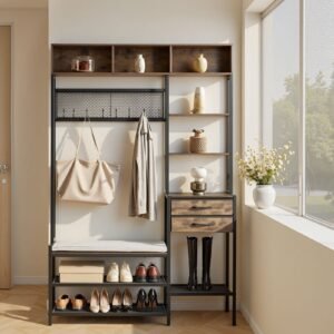 Hall Tree, 70.9 in Coat Rack with Shoe Bench & 2 Drawers, 3-in-1 Freestanding Shoe Rack Storage Organizer with Bookshelf & Wire Shelf, Steel Frame Entrance Coat Holder for Entry, Bedroom, Closet