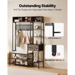 hall tree, 70.9 in coat rack with shoe bench & 2 drawers, 3 in 1 freestanding shoe rack storage organizer with bookshelf & wire shelf, steel frame entrance coat holder for entry, bedroom, closet