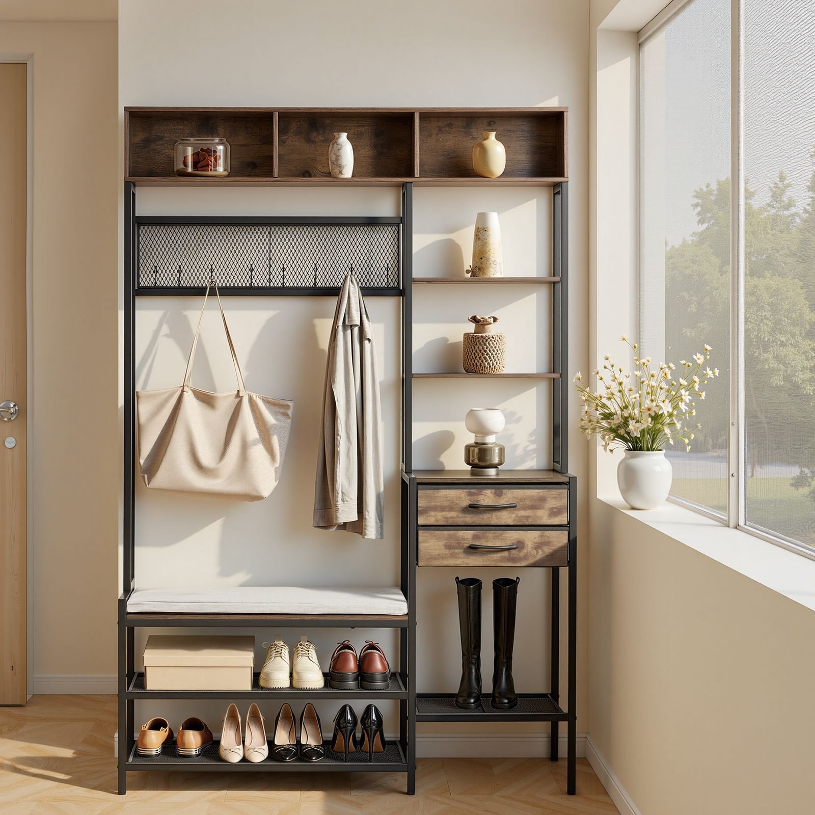 hall tree, 70.9 in coat rack with shoe bench & 2 drawers, 3 in 1 freestanding shoe rack storage organizer with bookshelf & wire shelf, steel frame entrance coat holder for entry, bedroom, closet