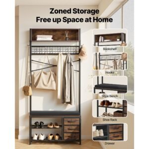 hall tree, 70.9 in coat rack with shoe bench & 3 drawers, 3 in 1 freestanding shoe rack storage organizer with bookshelf & wire shelf, steel frame entrance coat holder for entry, bedroom, closet