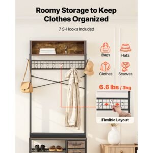 hall tree, 70.9 in coat rack with shoe bench & 3 drawers, 3 in 1 freestanding shoe rack storage organizer with bookshelf & wire shelf, steel frame entrance coat holder for entry, bedroom, closet
