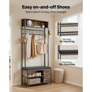 hall tree, 70.9 in coat rack with shoe bench & 3 drawers, 3 in 1 freestanding shoe rack storage organizer with bookshelf & wire shelf, steel frame entrance coat holder for entry, bedroom, closet