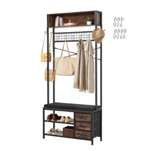 Hall Tree, 70.9 in Coat Rack with Shoe Bench & 3 Drawers, 3-in-1 Freestanding Shoe Rack Storage Organizer with Bookshelf & Wire Shelf, Steel Frame Entrance Coat Holder for Entry, Bedroom, Closet