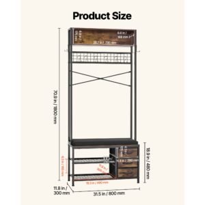 hall tree, 70.9 in coat rack with shoe bench & 3 drawers, 3 in 1 freestanding shoe rack storage organizer with bookshelf & wire shelf, steel frame entrance coat holder for entry, bedroom, closet
