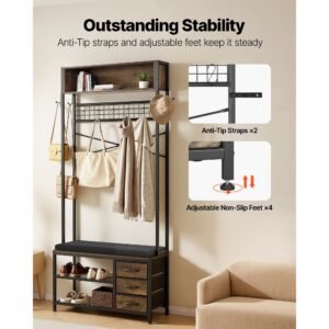 hall tree, 70.9 in coat rack with shoe bench & 3 drawers, 3 in 1 freestanding shoe rack storage organizer with bookshelf & wire shelf, steel frame entrance coat holder for entry, bedroom, closet