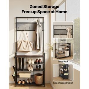 hall tree, 70.9 in coat rack with shoe storage, freestanding 4 tier shoe rack organizer with hooks, side pocket and wire shelf, steel frame entrance coat holder for entryway, bedroom, closet