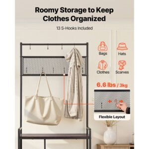 hall tree, 70.9 in coat rack with shoe storage, freestanding 4 tier shoe rack organizer with hooks, side pocket and wire shelf, steel frame entrance coat holder for entryway, bedroom, closet
