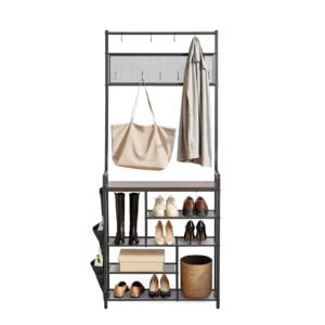 Hall Tree, 70.9 in Coat Rack with Shoe Storage, Freestanding 4-Tier Shoe Rack Organizer with Hooks, Side Pocket and Wire Shelf, Steel Frame Entrance Coat Holder for Entryway, Bedroom, Closet