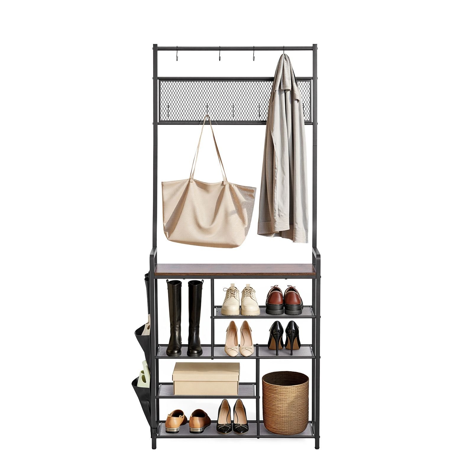 hall tree, 70.9 in coat rack with shoe storage, freestanding 4 tier shoe rack organizer with hooks, side pocket and wire shelf, steel frame entrance coat holder for entryway, bedroom, closet