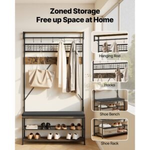 hall tree, 72 in coat rack with shoe bench, 2 tier freestanding shoe rack storage organizer with hooks, hanging rod and wire shelf, steel frame entrance coat holder for entry, bedroom, closet