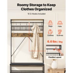 hall tree, 72 in coat rack with shoe bench, 2 tier freestanding shoe rack storage organizer with hooks, hanging rod and wire shelf, steel frame entrance coat holder for entry, bedroom, closet