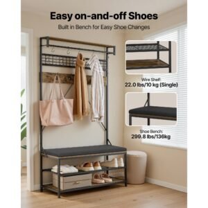 hall tree, 72 in coat rack with shoe bench, 2 tier freestanding shoe rack storage organizer with hooks, hanging rod and wire shelf, steel frame entrance coat holder for entry, bedroom, closet