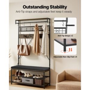 hall tree, 72 in coat rack with shoe bench, 2 tier freestanding shoe rack storage organizer with hooks, hanging rod and wire shelf, steel frame entrance coat holder for entry, bedroom, closet