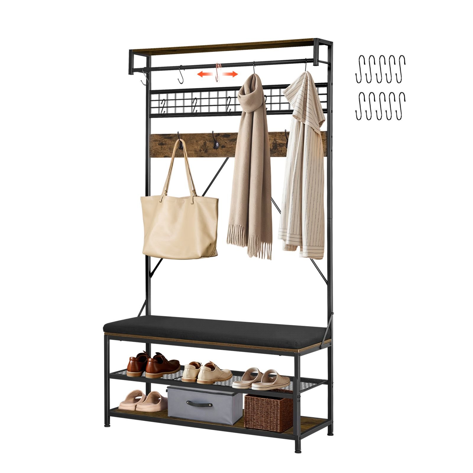 hall tree, 72 in coat rack with shoe bench, 2 tier freestanding shoe rack storage organizer with hooks, hanging rod and wire shelf, steel frame entrance coat holder for entry, bedroom, closet
