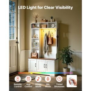 hall tree with bench and shoe storage, 39" wide, entryway hall tree with bench, hanging hooks, storage shelves, adjustable shoe shelves, led light, wooden, for mudroom, entryway, hallway, white