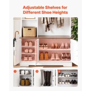 hall tree with bench and shoe storage, 39" wide, entryway hall tree with bench, hanging hooks, storage shelves, adjustable shoe shelves, led light, wooden, for mudroom, entryway, hallway, white