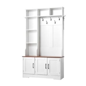 Hall Tree with Bench and Shoe Storage, 39" Wide, Entryway Hall Tree with Bench, Hanging Hooks, Storage Shelves, Adjustable Shoe Shelves, LED Light, Wooden, for Mudroom, Entryway, Hallway, White