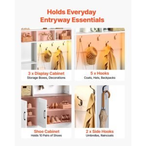 hall tree with bench and shoe storage, 39" wide, entryway hall tree with bench, hanging hooks, storage shelves, adjustable shoe shelves, led light, wooden, for mudroom, entryway, hallway, white