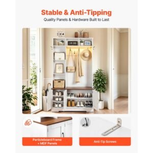 hall tree with bench and shoe storage, 39" wide, entryway hall tree with bench, hanging hooks, storage shelves, adjustable shoe shelves, led light, wooden, for mudroom, entryway, hallway, white