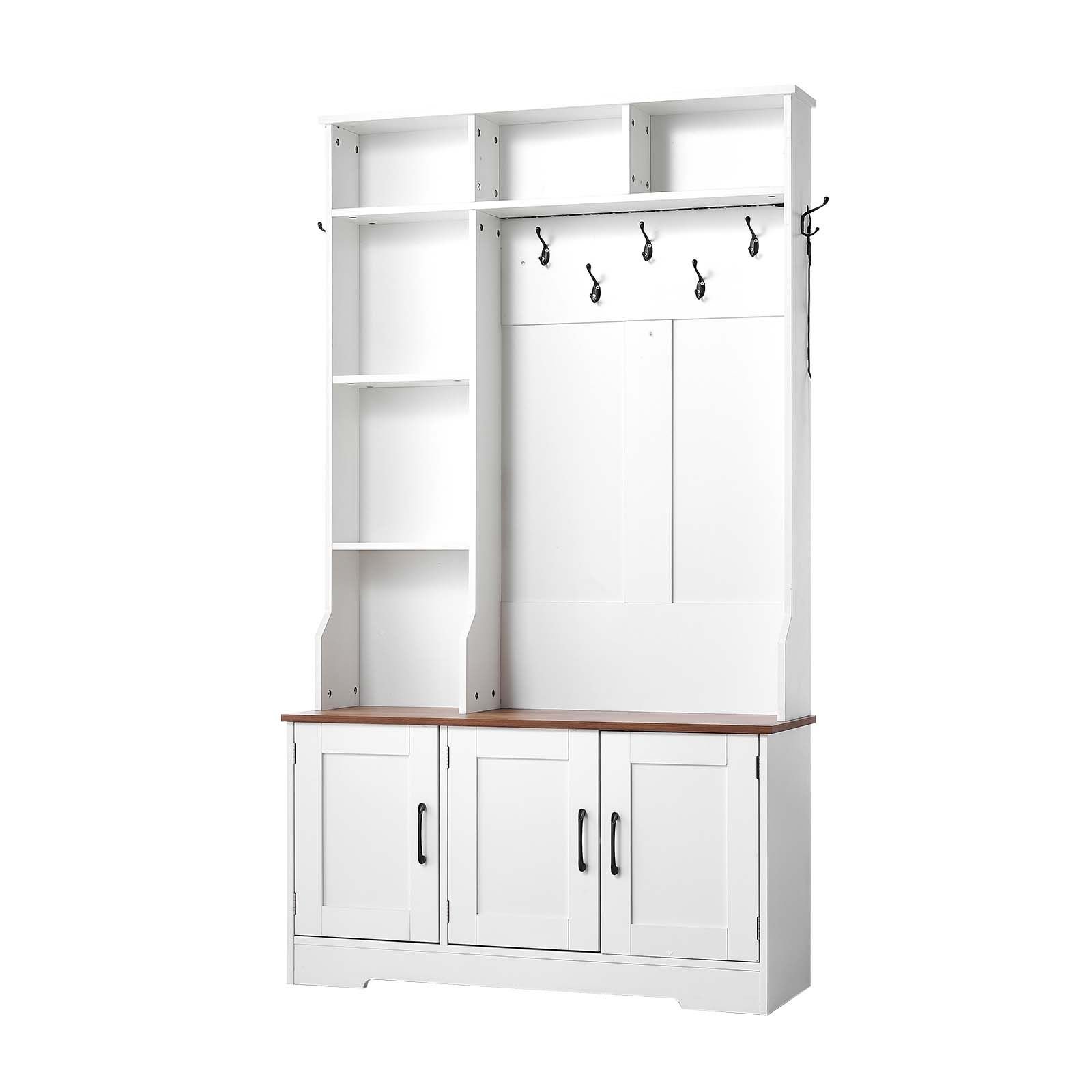 hall tree with bench and shoe storage, 39" wide, entryway hall tree with bench, hanging hooks, storage shelves, adjustable shoe shelves, led light, wooden, for mudroom, entryway, hallway, white