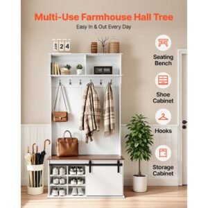 hall tree with bench and shoe storage, 42" wide, entryway hall tree with bench, hanging hooks, storage shelves, adjustable shoe shelves, wooden furniture for mudroom, entryway, hallway, white