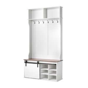 Hall Tree with Bench and Shoe Storage, 42" Wide, Entryway Hall Tree with Bench, Hanging Hooks, Storage Shelves, Adjustable Shoe Shelves, Wooden Furniture for Mudroom, Entryway, Hallway, White