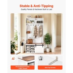 hall tree with bench and shoe storage, 42" wide, entryway hall tree with bench, hanging hooks, storage shelves, adjustable shoe shelves, wooden furniture for mudroom, entryway, hallway, white
