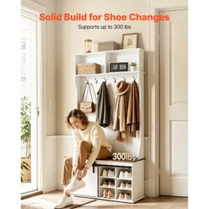 hall tree with bench and shoe storage, 42" wide, entryway hall tree with bench, hanging hooks, storage shelves, adjustable shoe shelves, wooden furniture for mudroom, entryway, hallway, white