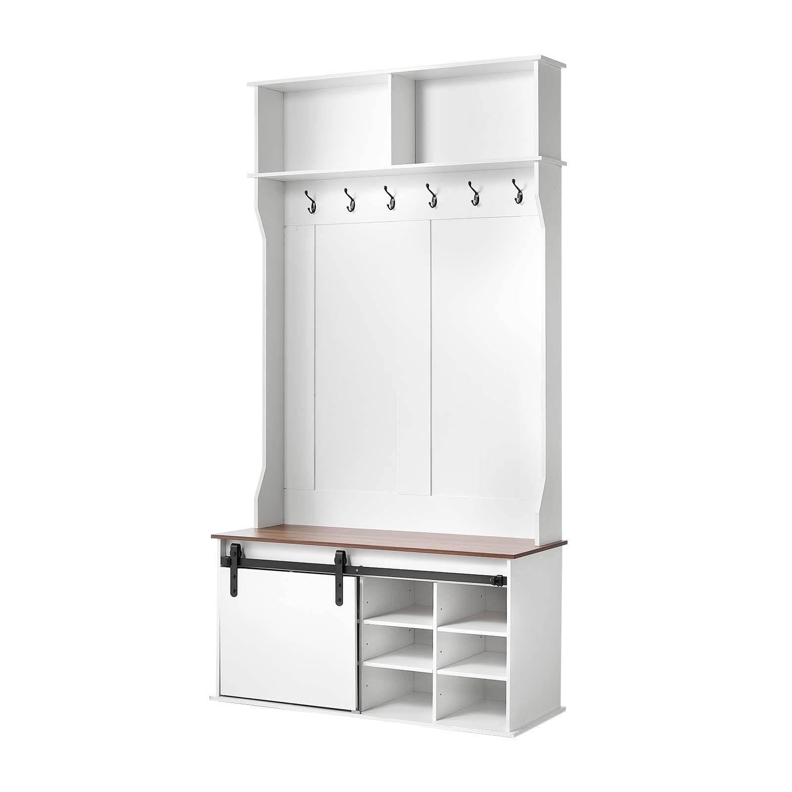 hall tree with bench and shoe storage, 42" wide, entryway hall tree with bench, hanging hooks, storage shelves, adjustable shoe shelves, wooden furniture for mudroom, entryway, hallway, white
