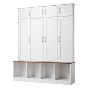 Hall Tree with Bench and Shoe Storage, 59" Wide, 4-in-1 Entryway Hall Tree with Bench, Hanging Hooks, Storage Cabinet, and Shoe Cabinet, Wooden Furniture for Mudroom, Entryway, Hallway, White