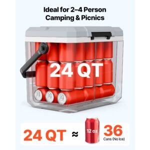hard cooler, 24qt portable cooler, leak resistant coolbox keeps contents cool for 48 hours, insulated chests with ice retention and heavy duty handle, ultra light for camping, concerts, sports