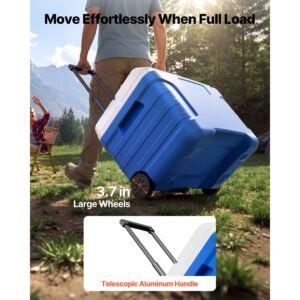 hard cooler, 45qt portable rolling cooler with wheels, leak resistant coolbox keeps contents cool for 48 hours, ice retention insulated chests, ultra light for outdoor picnics, grill, camping