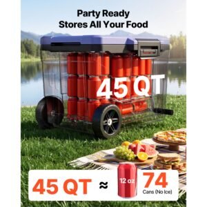 hard cooler, 45qt portable rolling cooler with wheels, leak resistant coolbox keeps contents cool for 48 hours, ice retention insulated chests, ultra light for outdoor picnics, grill, camping