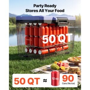 hard cooler, 50qt portable cooler, leak resistant coolbox keeps contents cool for 48 hours, insulated chests with ice retention and heavy duty handle, ultra light for camping, concerts, sports