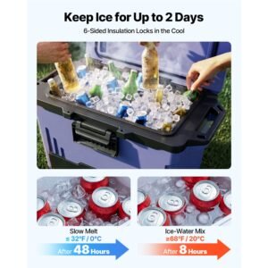 hard cooler, 50qt portable cooler, leak resistant coolbox keeps contents cool for 48 hours, insulated chests with ice retention and heavy duty handle, ultra light for camping, concerts, sports