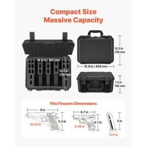 hard pistol case, heavy duty hard gun case with xpe foam lining, waterproof pistol storage box with customizable interior & handle for gun, lenses, camera, gear, tsa compliant, 15.9x12.5x7.5 in