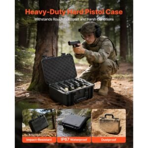 hard pistol case, heavy duty hard gun case with xpe foam lining, waterproof pistol storage box with customizable interior & handle for gun, lenses, camera, gear, tsa compliant, 15.9x12.5x7.5 in