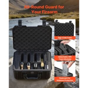 hard pistol case, heavy duty hard gun case with xpe foam lining, waterproof pistol storage box with customizable interior & handle for gun, lenses, camera, gear, tsa compliant, 15.9x12.5x7.5 in