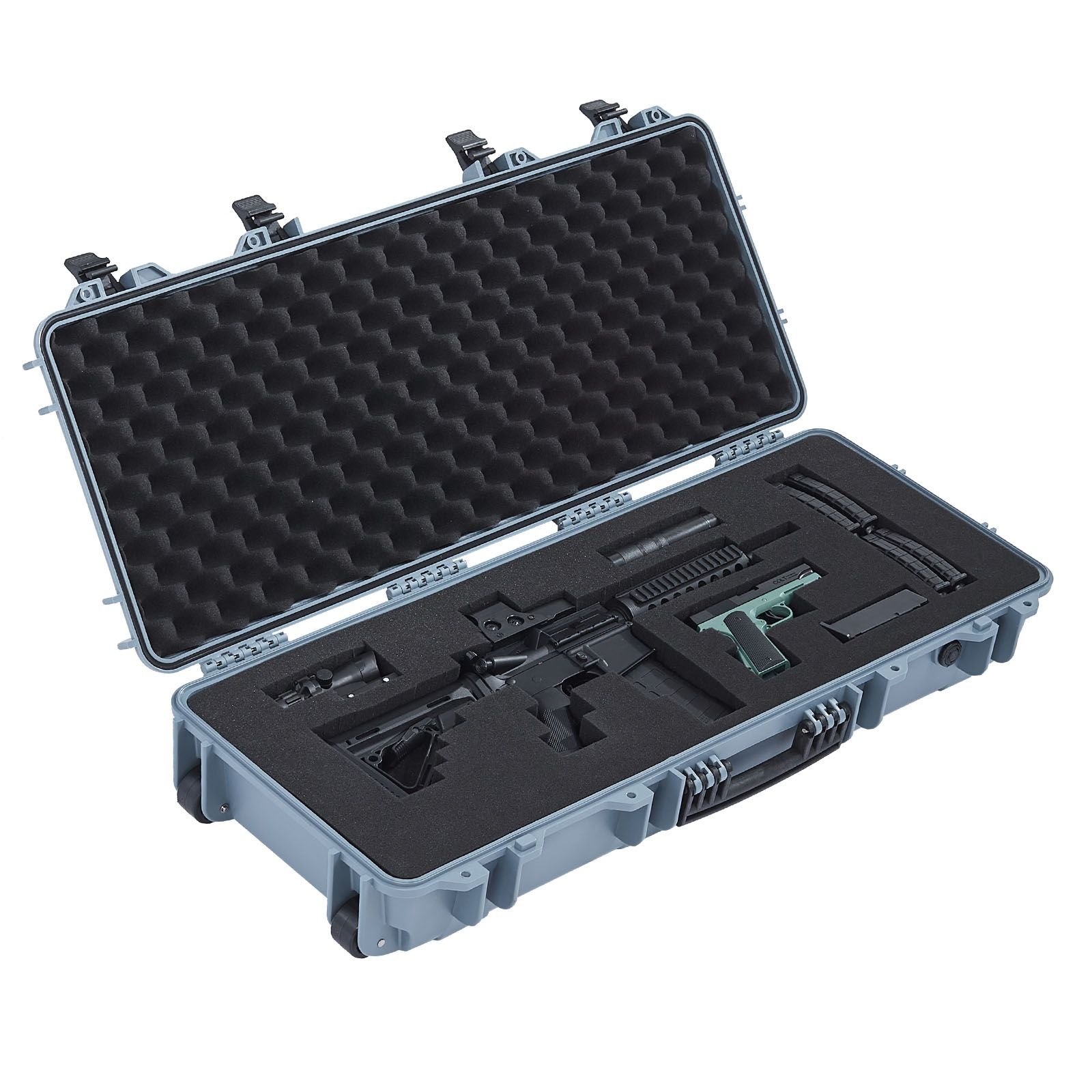 hard rifle case, lockable rifle case with 4 layers pre cut foams, 36 in gun storage with wheels, ip67 waterproof & dustproof pistol storage cases for rifles, shotguns, airsoft guns, grey