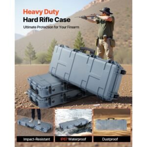 hard rifle case, lockable rifle case with pre cut foams, 42 in movable gun storage with wheels, ip67 waterproof & dustproof pistol storage for rifle, shotgun, airsoft gun, grey