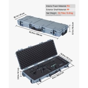 hard rifle case, lockable rifle case with pre cut foams, 42 in movable gun storage with wheels, ip67 waterproof & dustproof pistol storage for rifle, shotgun, airsoft gun, grey