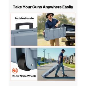 hard rifle case, lockable rifle case with pre cut foams, 42 in movable gun storage with wheels, ip67 waterproof & dustproof pistol storage for rifle, shotgun, airsoft gun, grey