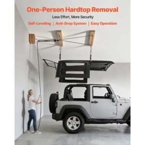 hard top remover lift, 220 lbs, jeep hardtop removal storage roof hoist with anti drop system, easy one person operation, supports 8 16 in ceiling, for 2 door & 4 door jeep wrangler jk jl & ford