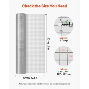 hardware cloth, 1/2 inch 60 inch x 100 ft 19 gauge chicken wire fence, hot dip galvanized after welding metal wire mesh roll, garden plant welded fencing roll supports poultry netting cage fence