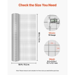 hardware cloth, 1/2 inch 60 inch x 50 ft 19 gauge chicken wire fence, hot dip galvanized after welding metal wire mesh roll, garden plant welded fencing roll supports poultry netting cage fence