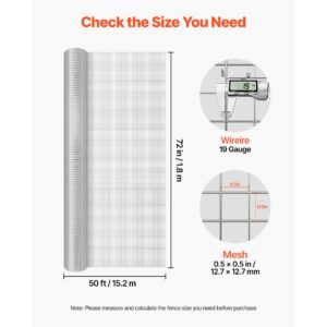 hardware cloth, 1/2 inch 72 inch x 50 ft 19 gauge chicken wire fence, hot dip galvanized after welding metal wire mesh roll, garden plant welded fencing roll supports poultry netting cage fence