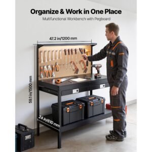 hardwood workbench, 242.5 lbs weight capacity, 47.2 inch heavy duty workbench with pegboard, 4 ac outlets & 2 usb ports, 4.9 ft cable & 30 hooks, garage work bench with drawer for workshop