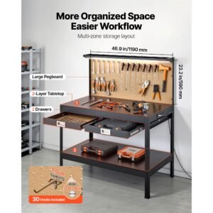 hardwood workbench, 242.5 lbs weight capacity, 47.2 inch heavy duty workbench with pegboard, 4 ac outlets & 2 usb ports, 4.9 ft cable & 30 hooks, garage work bench with drawer for workshop